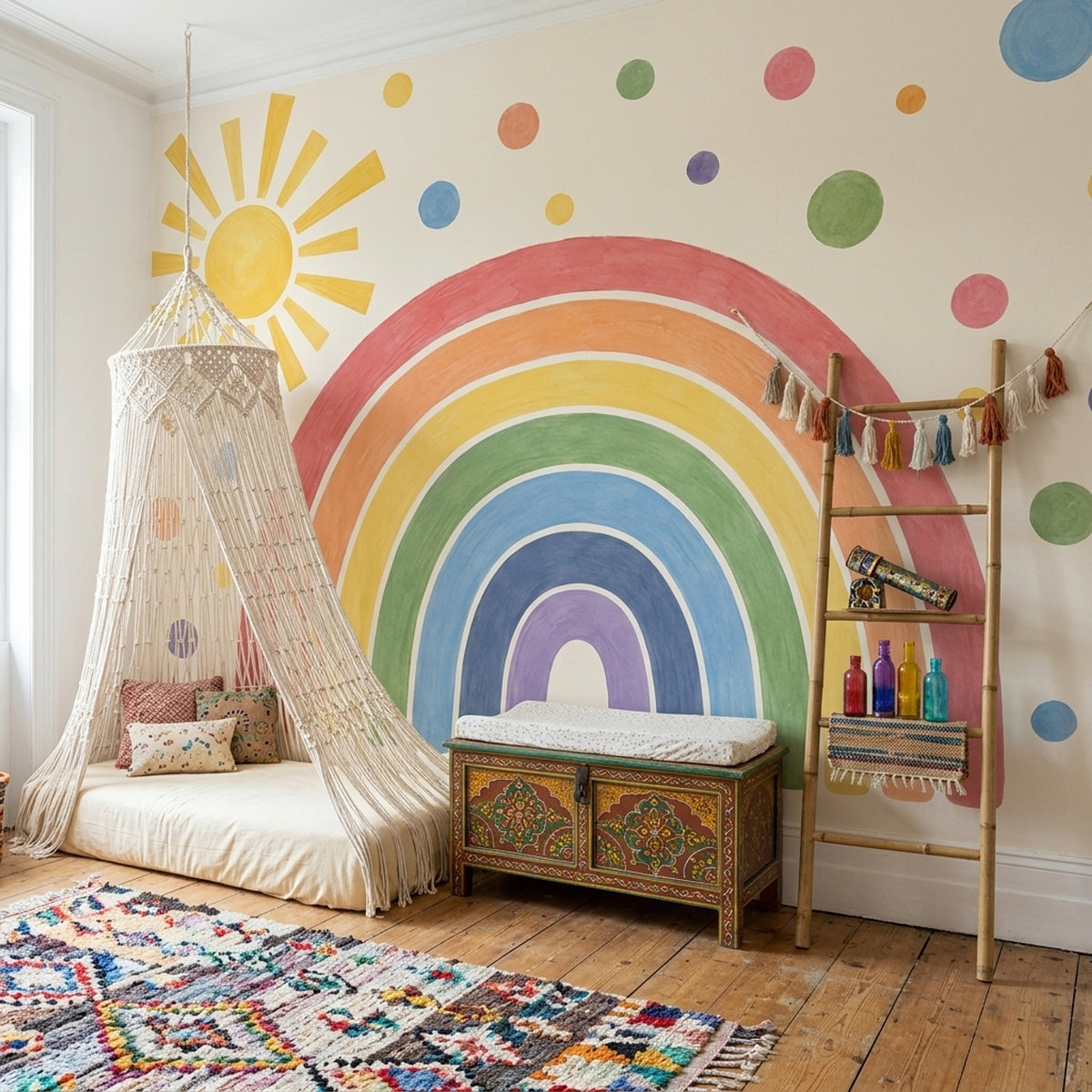 Watercolor Rainbow And Sun Wallpaper Playful Dots Wall Mural