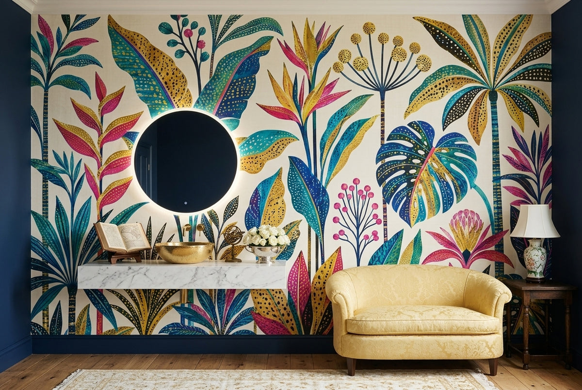 Tropical Botanical Wallpaper Teal Leaves And Gold Accents Wall Mural