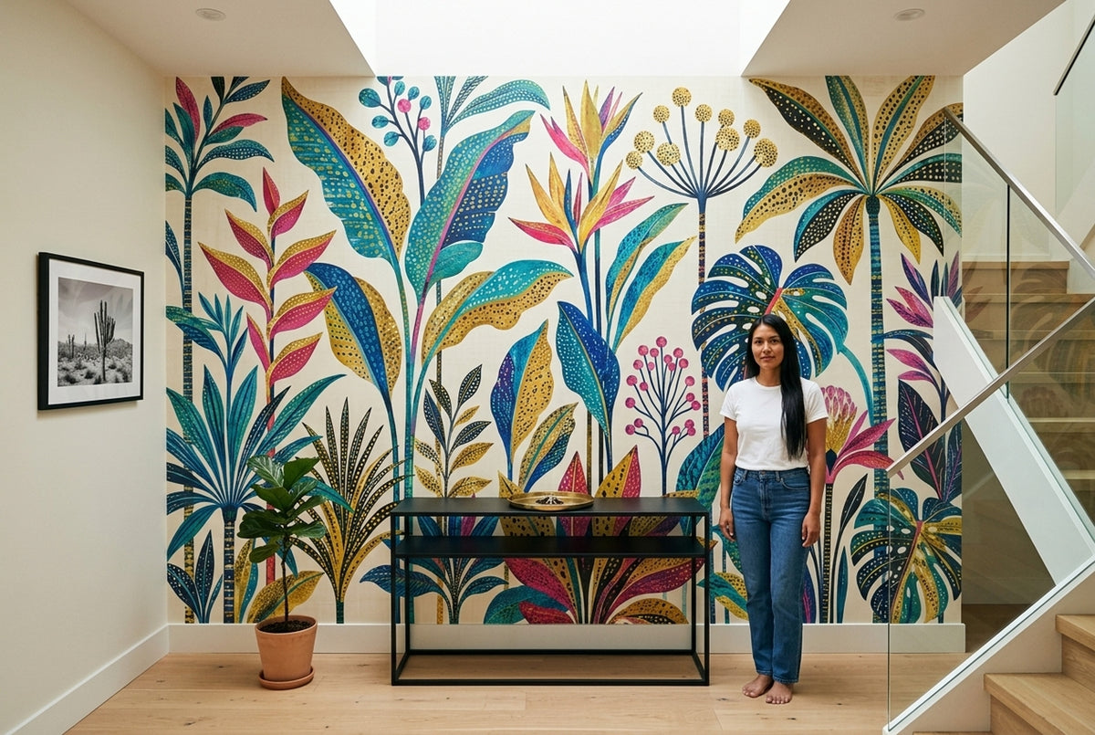 Tropical Botanical Wallpaper Teal Leaves And Gold Accents Wall Mural