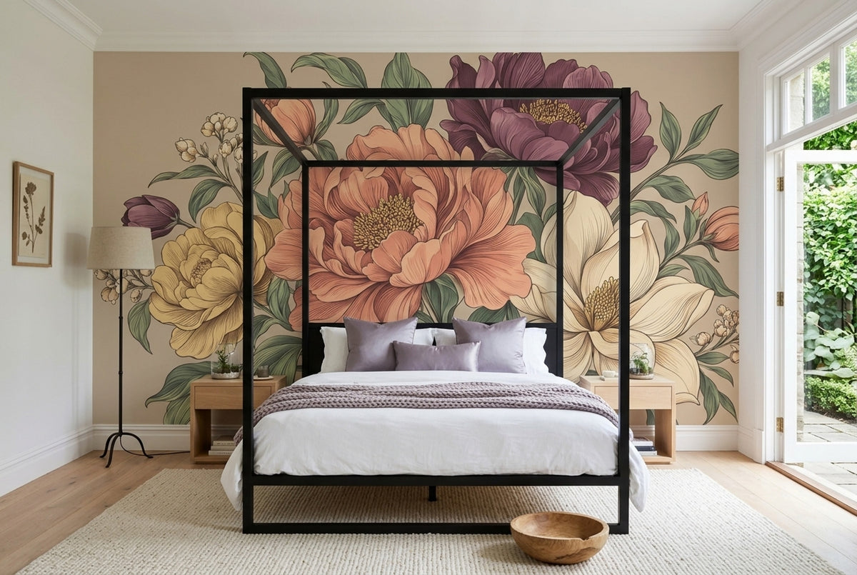 Vintage Peony Wallpaper Beige Botanical Wall Mural