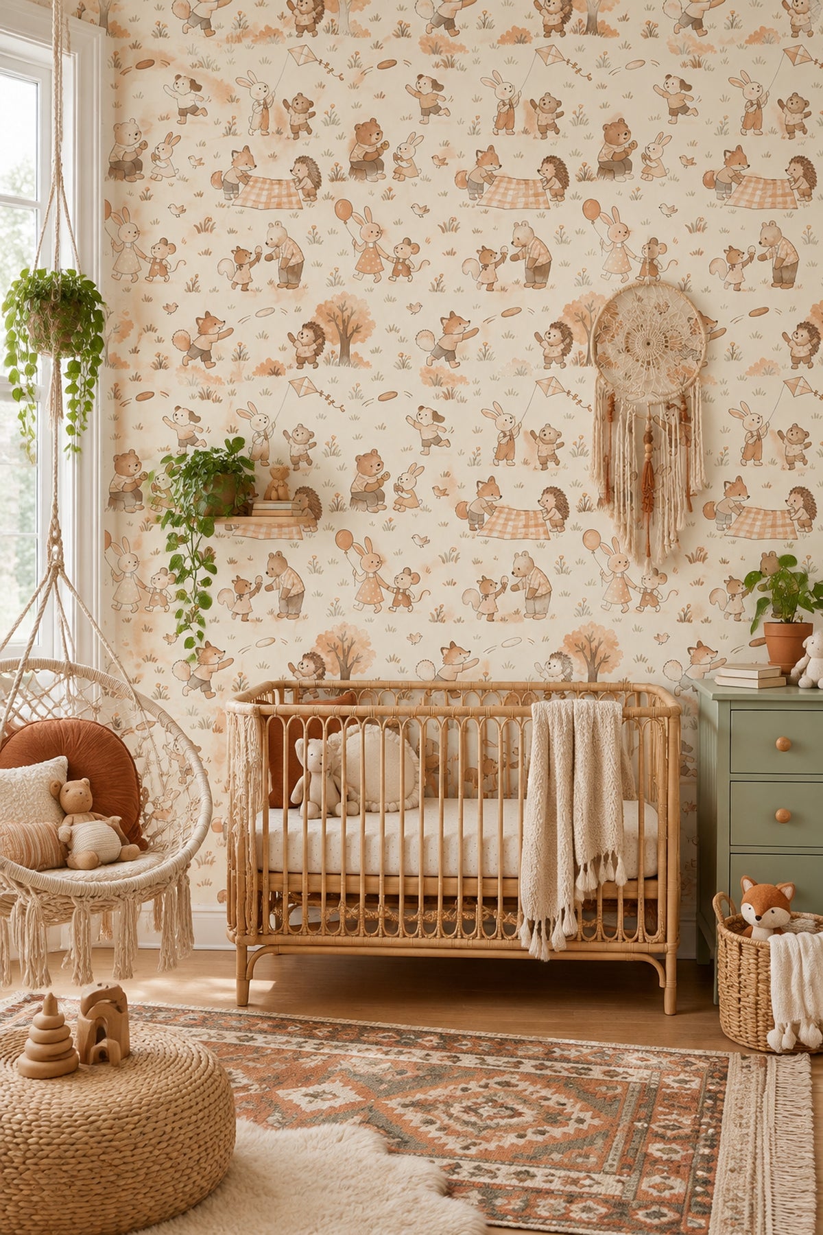 Woodland Animals Wallpaper Muted Green Watercolor Pattern