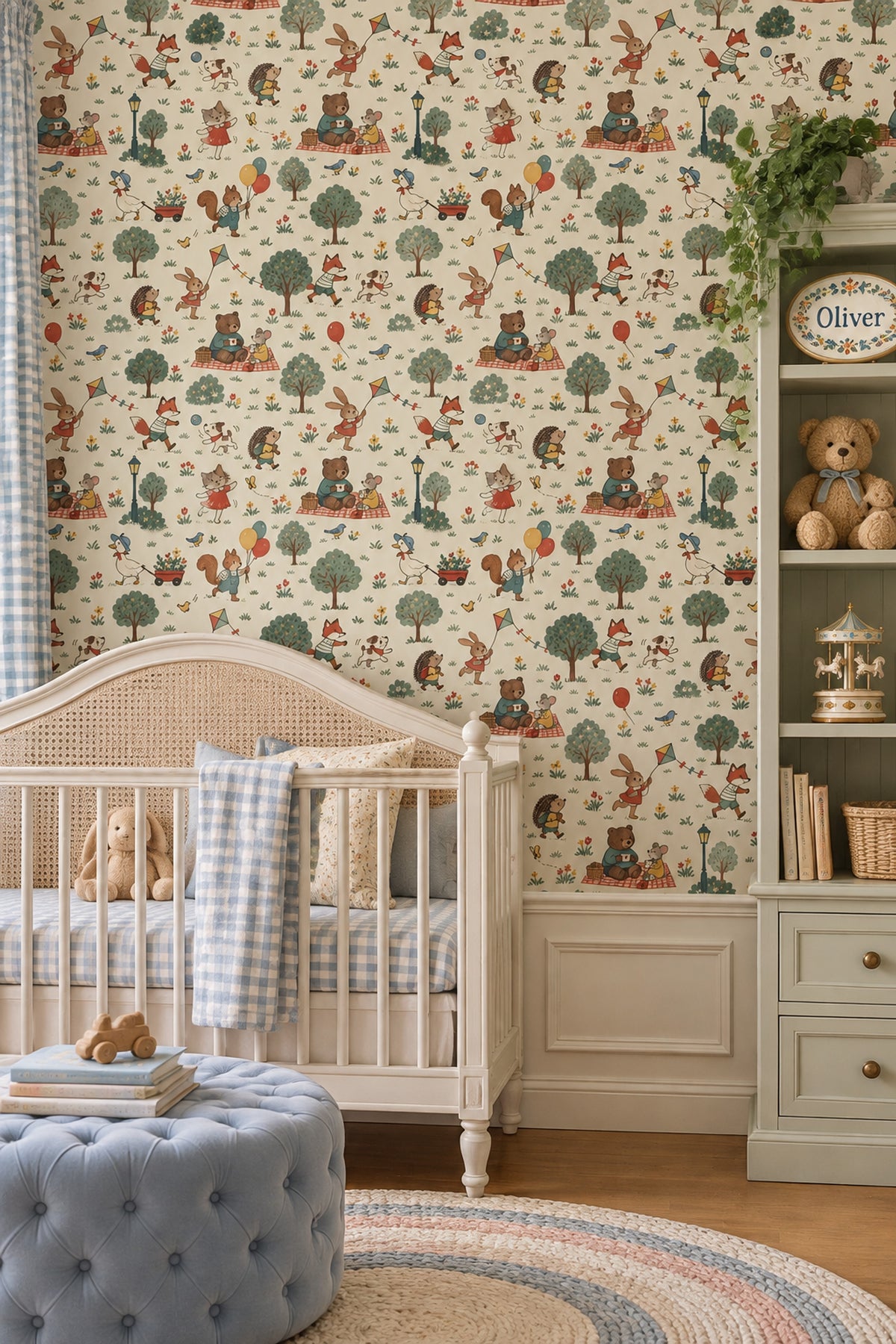 Woodland Animals Wallpaper Muted Green Park Scene