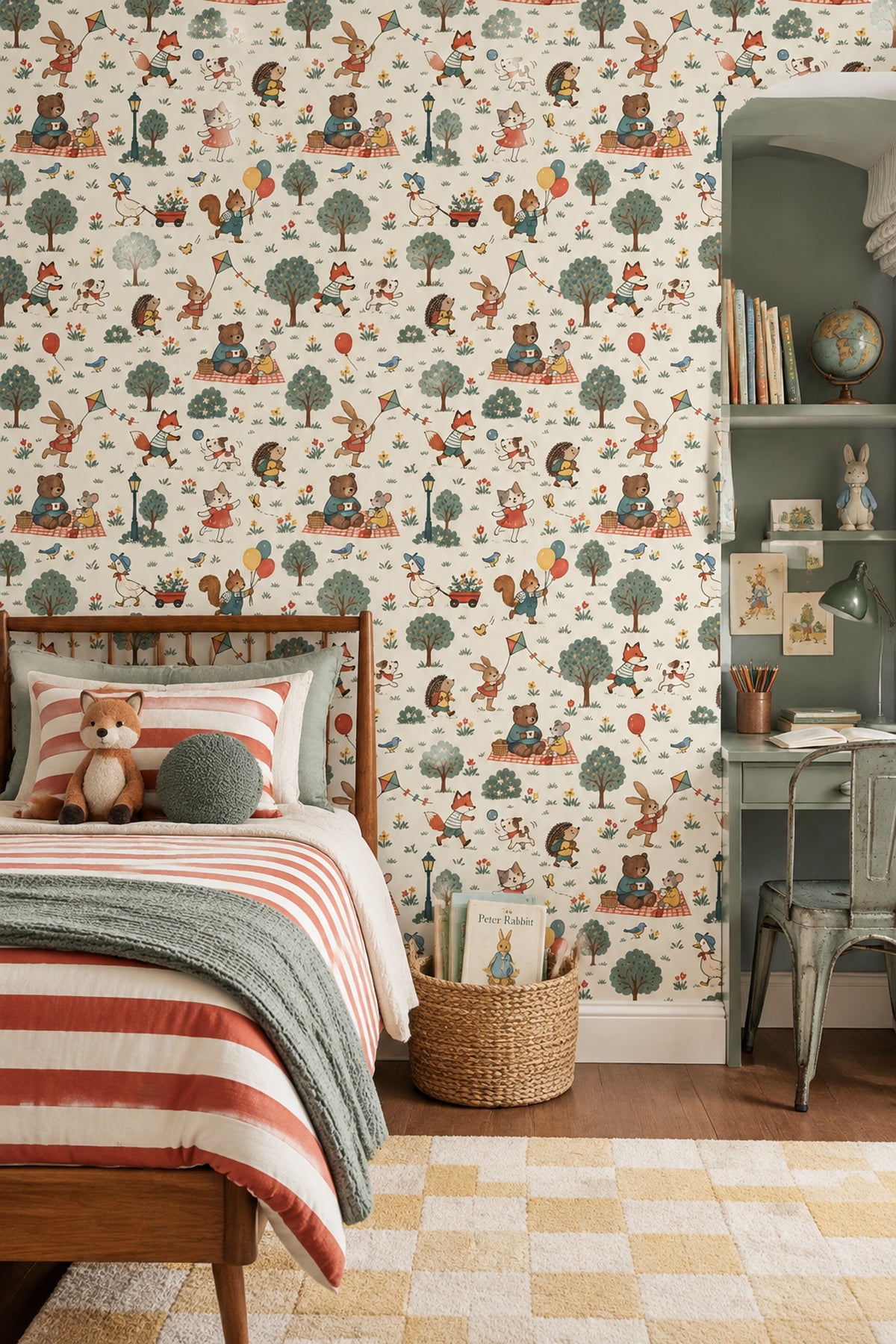 Woodland Animals Wallpaper Muted Green Park Scene