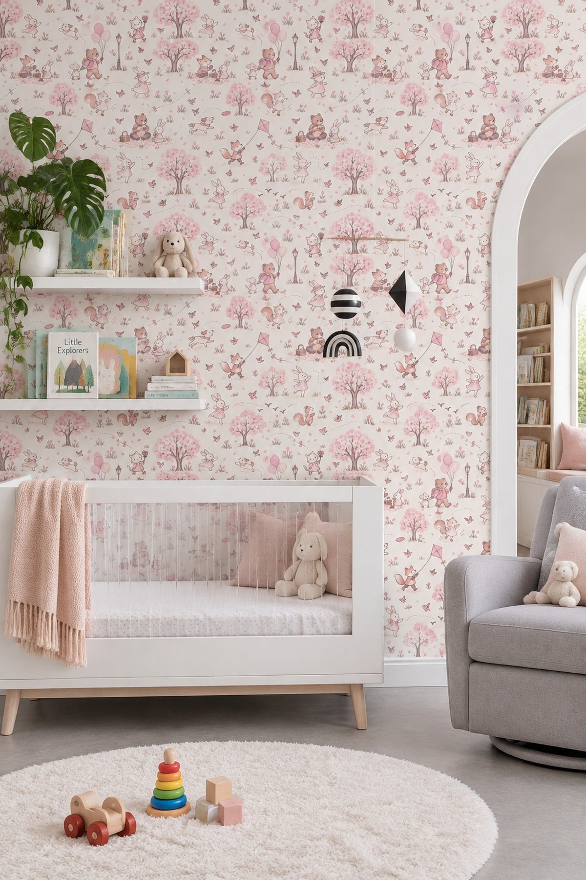Woodland Animals Wallpaper Pink Blossoms Watercolor Pattern