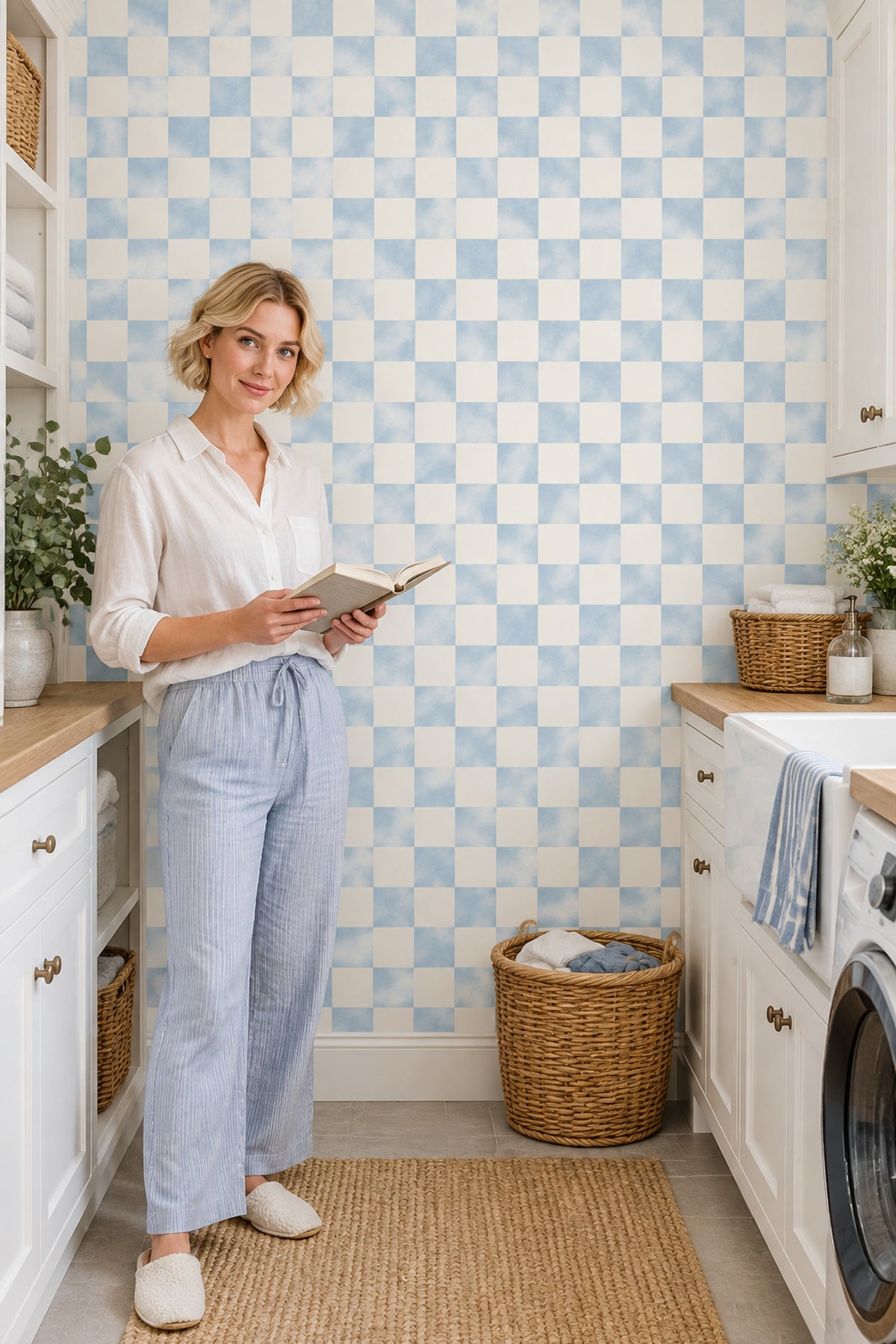 Checkered Wallpaper Pastel Blue And Cream Grid