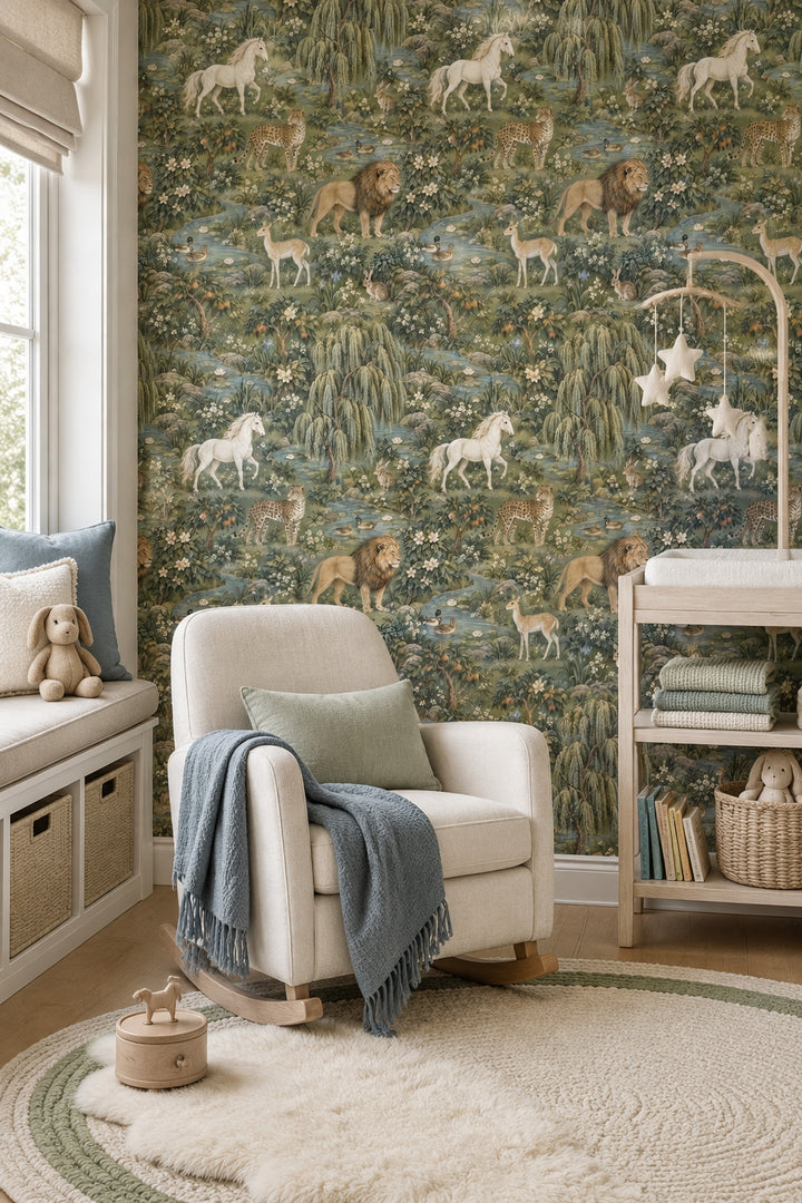 Woodland Animals Wallpaper Muted Green Vintage Botanical