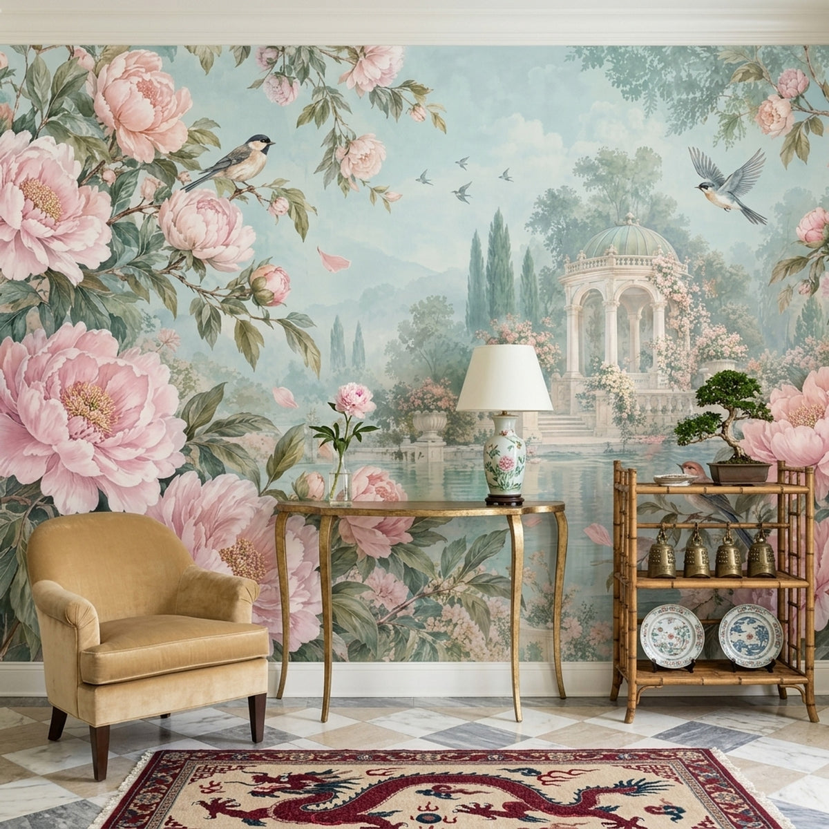 Pink Peonies Wallpaper Classical Pavilion Wall Mural