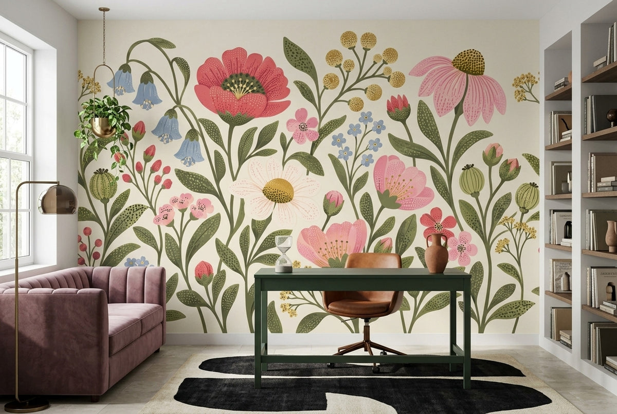 Wildflower Bouquet Wallpaper Vintage Botanical Wall Mural