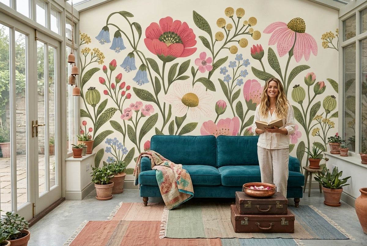 Wildflower Bouquet Wallpaper Vintage Botanical Wall Mural