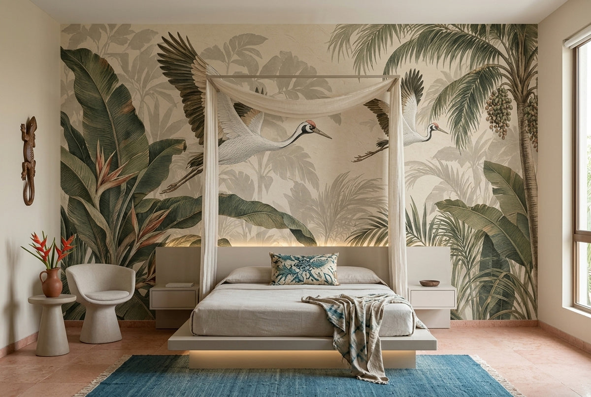 Tropical Cranes Wallpaper Vintage Jungle Wall Mural