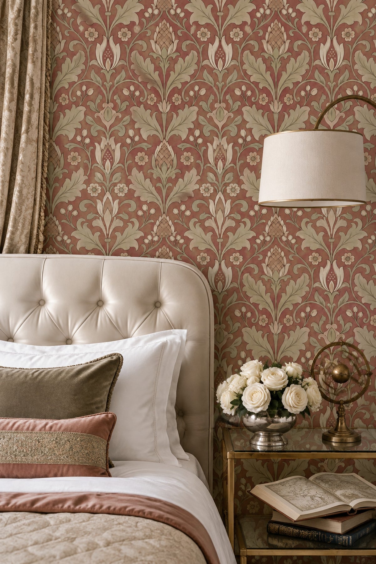 Acanthus Leaf Wallpaper Floral Damask In Muted Red And Cream