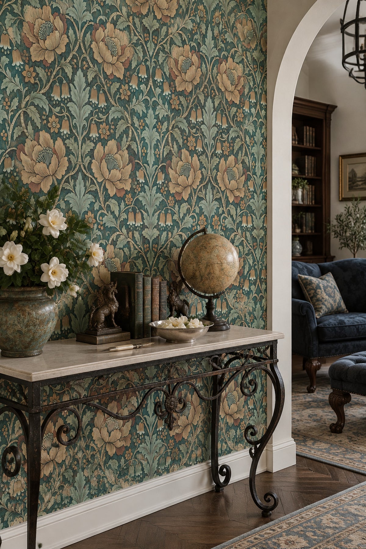 Botanical Floral Wallpaper Dark Teal Scrolling Vines