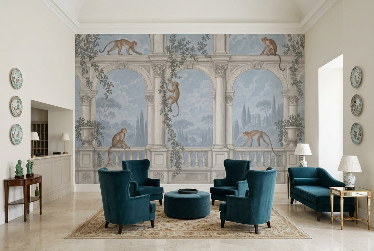 Monkeys Garden Terrace Wallpaper Classical Arches Wall Mural