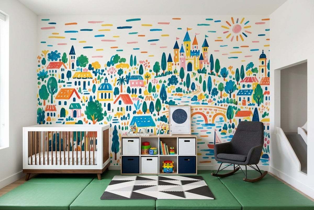Fairytale Castle Village Wallpaper Watercolor Scene Wall Mural