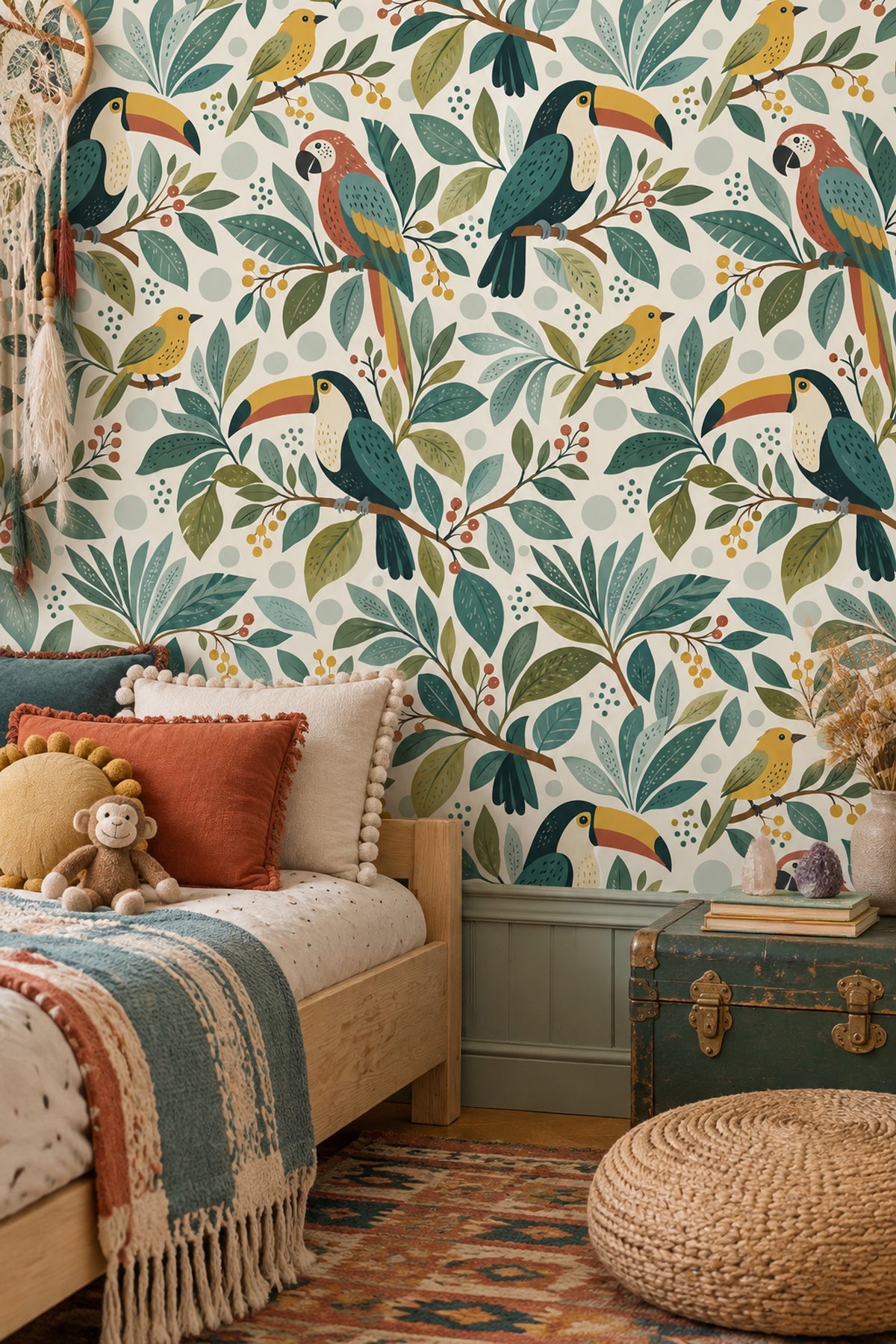 Tropical Birds Wallpaper Toucan Leaf Pattern