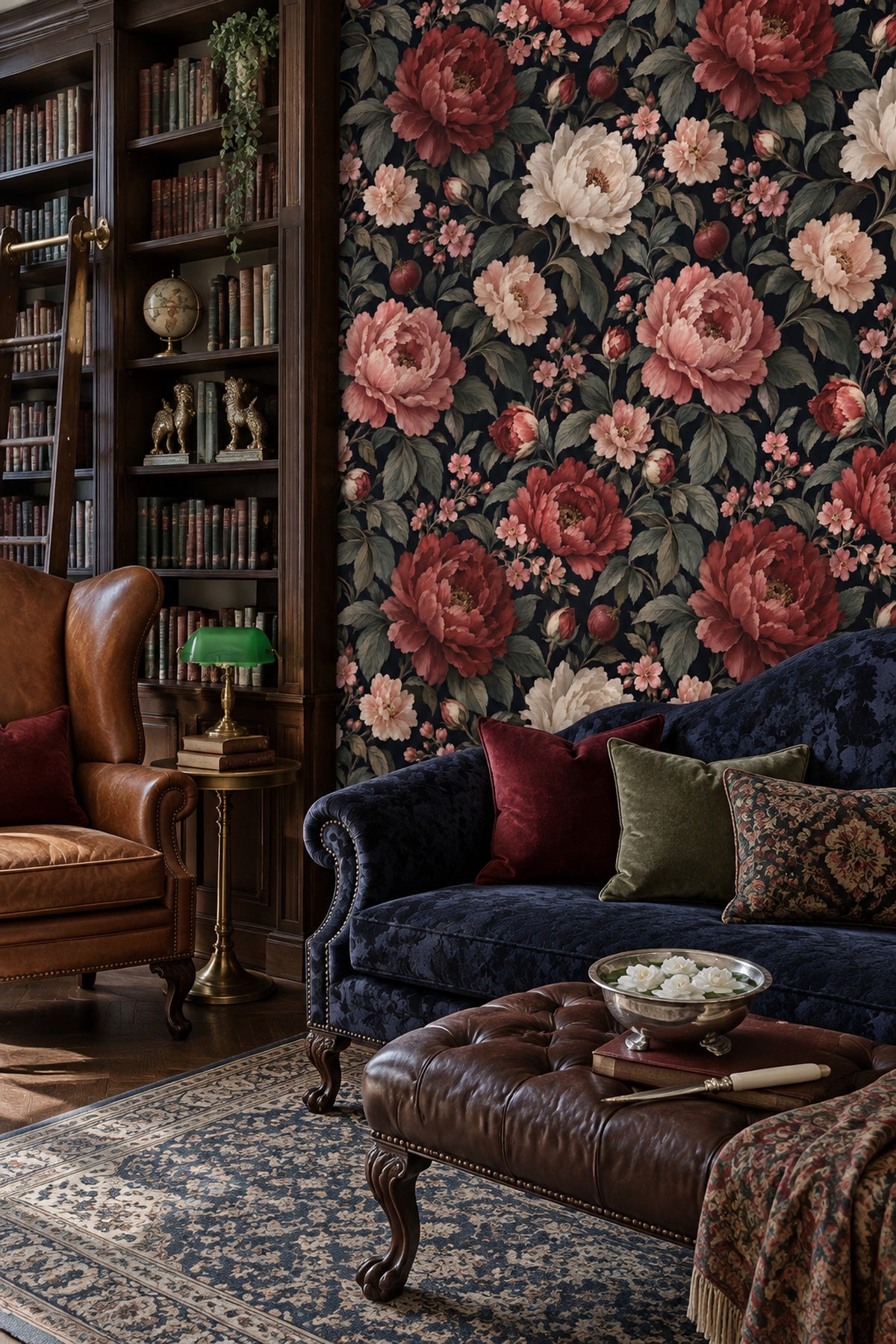 Peony And Pomegranate Wallpaper Dark Floral Navy Background