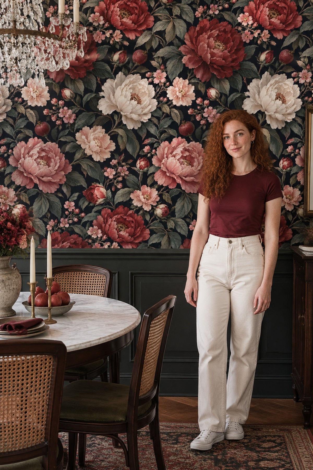 Peony And Pomegranate Wallpaper Dark Floral Navy Background