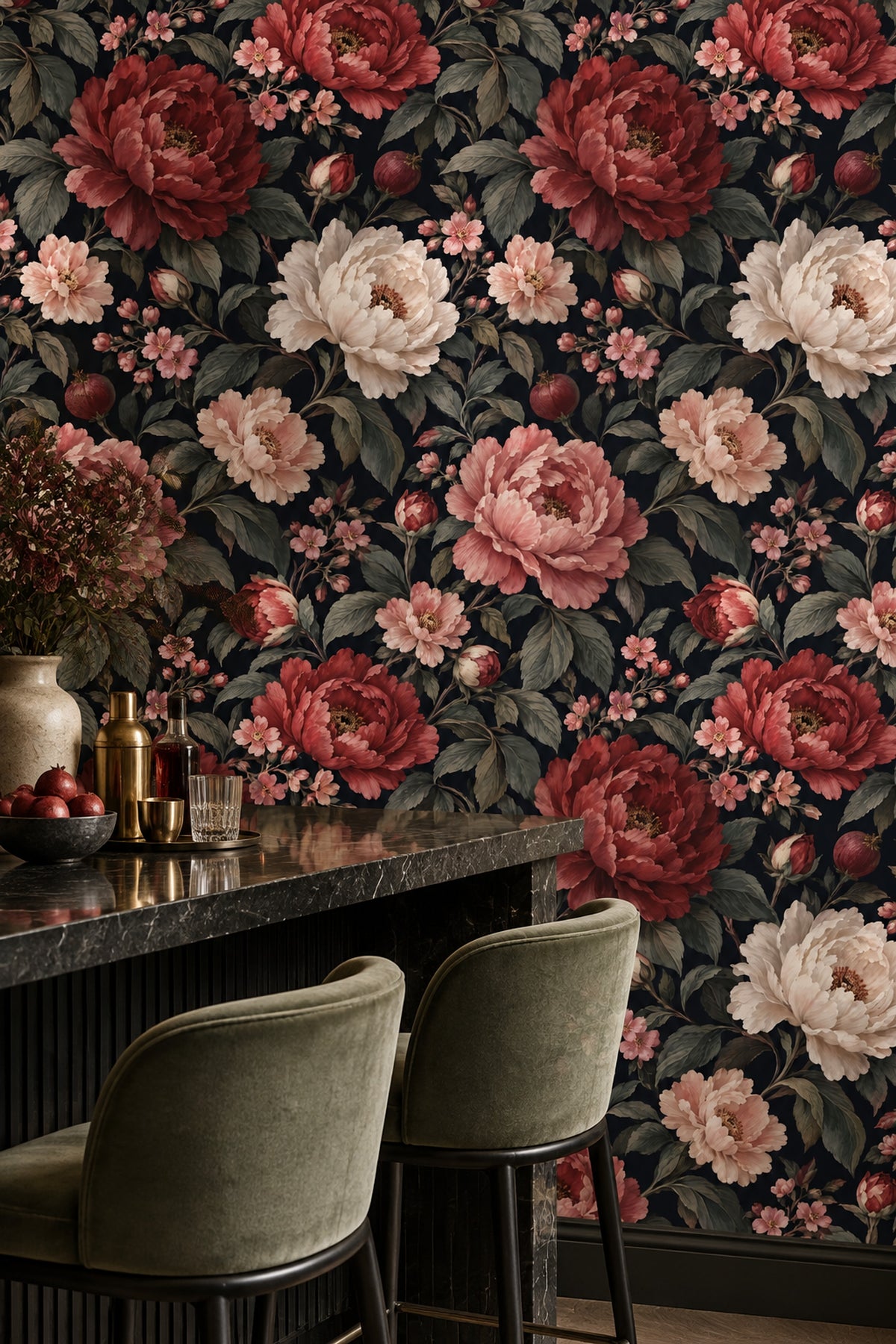 Peony And Pomegranate Wallpaper Dark Floral Navy Background