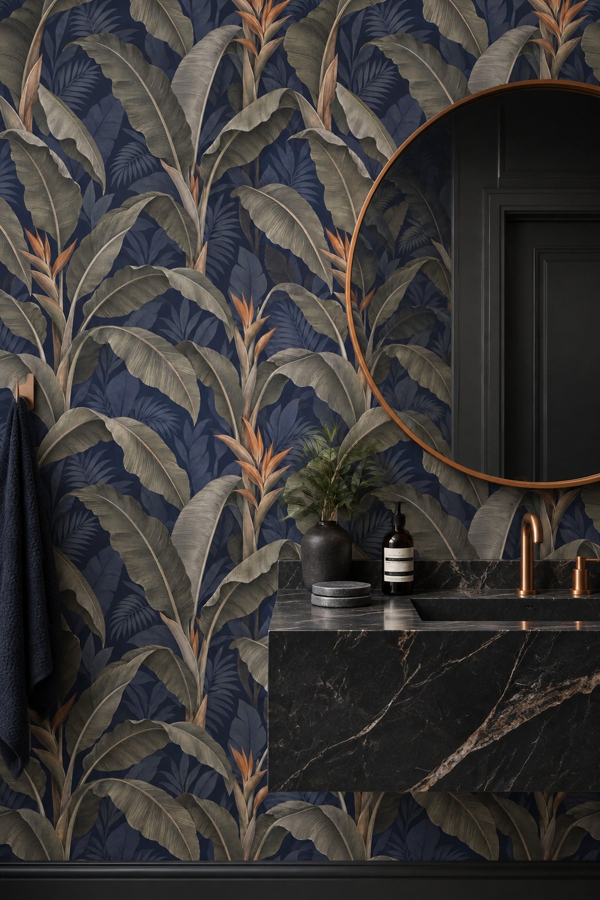 Banana Leaves Wallpaper Dark Tropical Navy Background