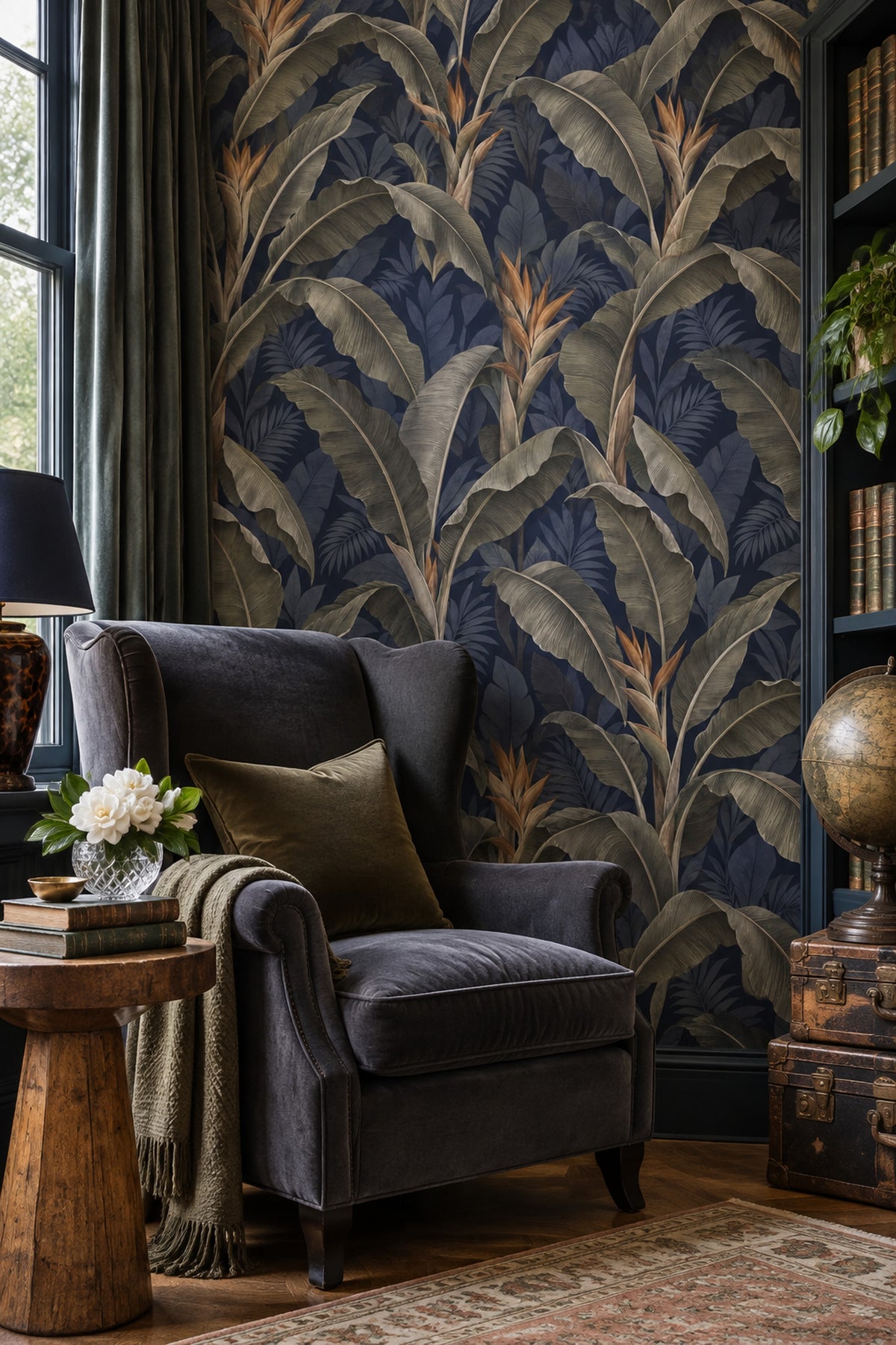 Banana Leaves Wallpaper Dark Tropical Navy Background