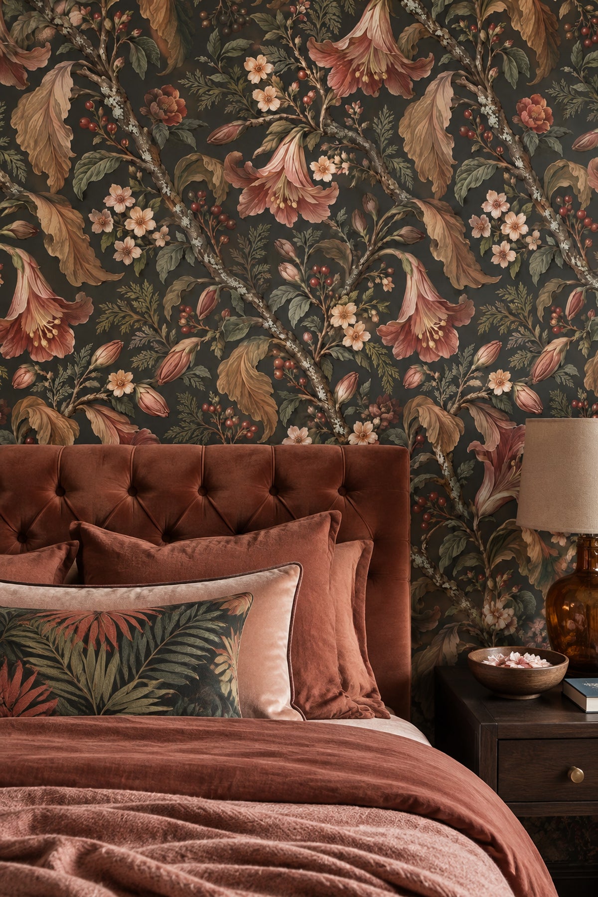 Trumpet Flower Wallpaper Dark Floral Botanical Pattern