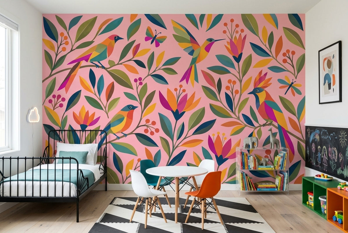 Tropical Birds Wallpaper Pink Botanical Wall Mural