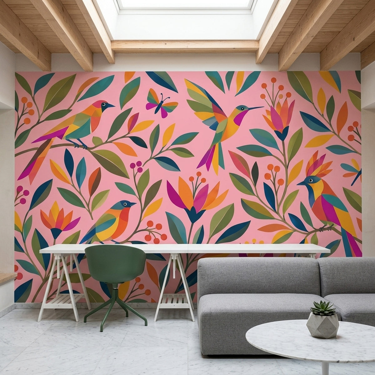 Tropical Birds Wallpaper Pink Botanical Wall Mural