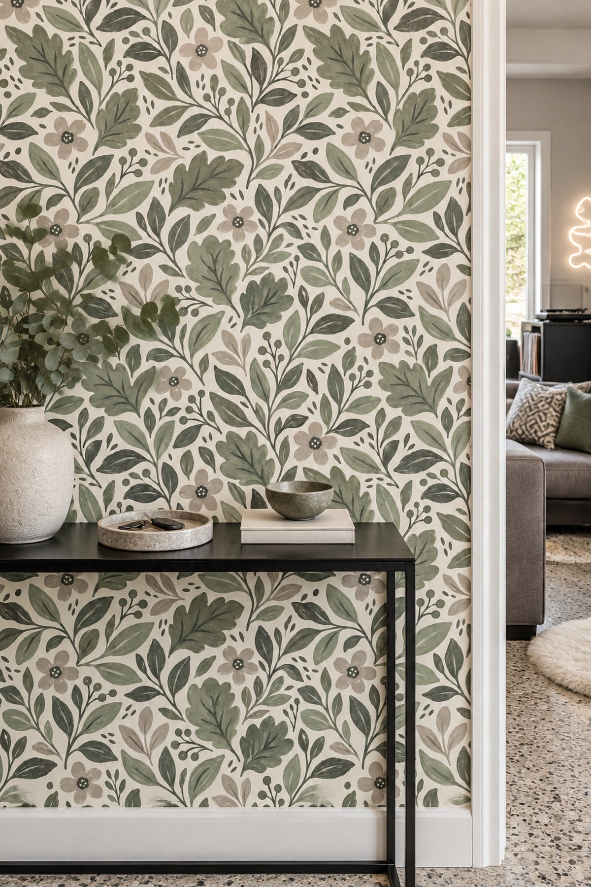 Botanical Branches Wallpaper Sage Green Leaves On Ivory Background