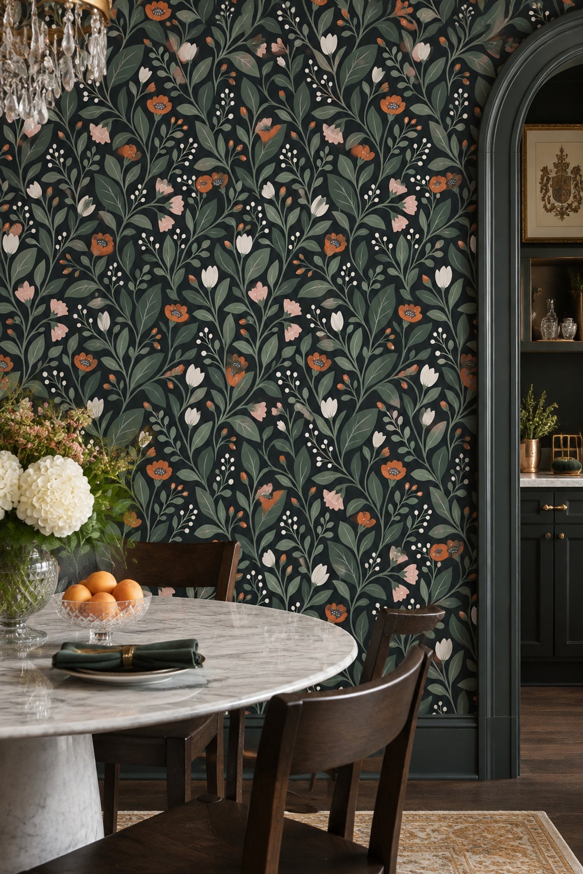 Stylized Floral Wallpaper Muted Green Dark