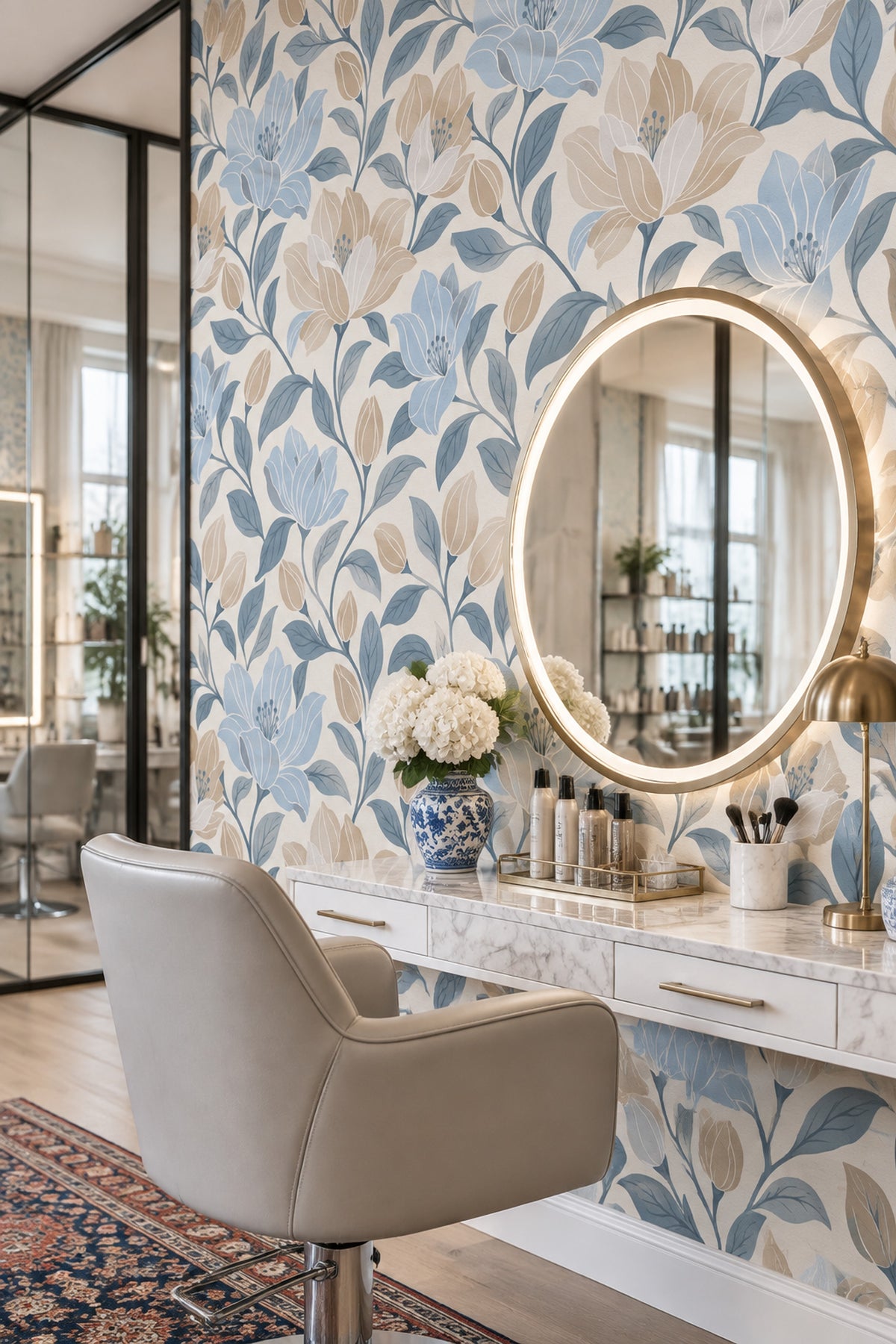 Large Floral Wallpaper Blue Leaves Cream Background