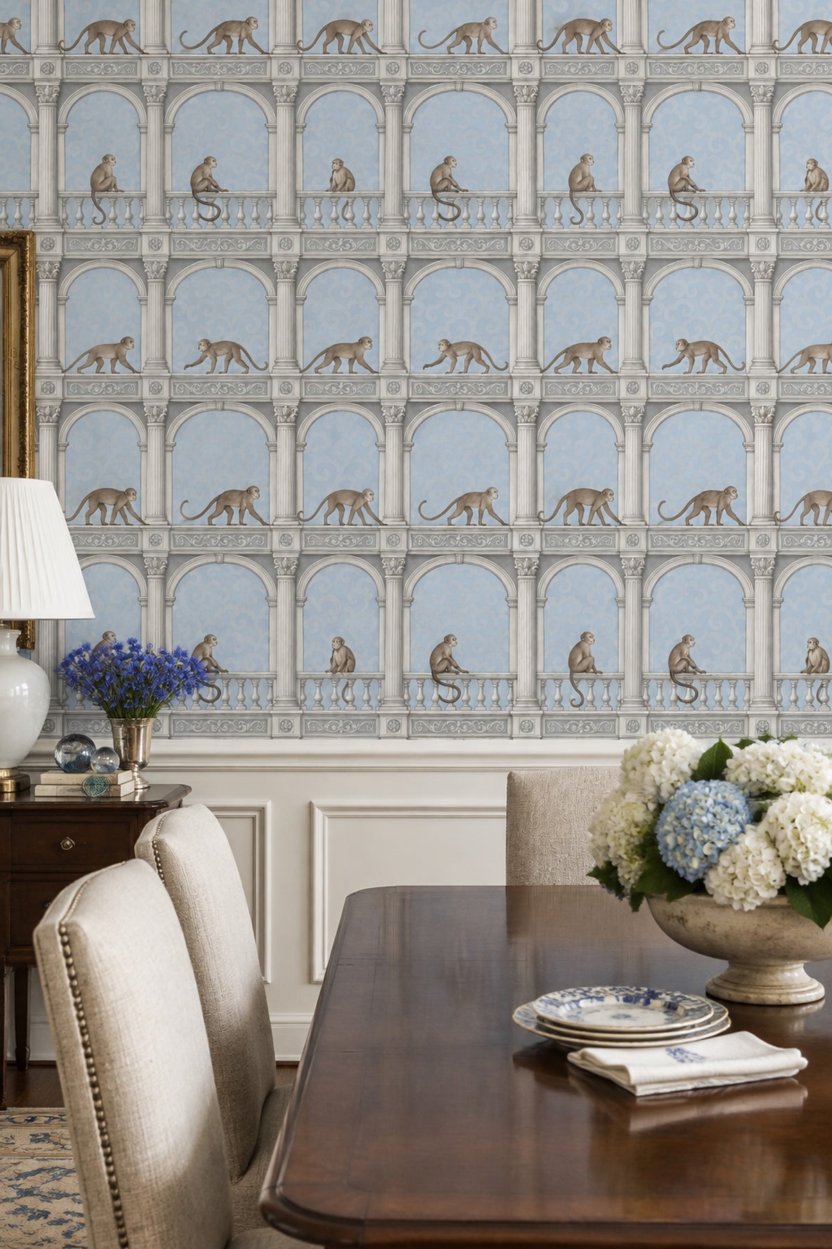 Monkeys Wallpaper Neoclassical Columns And Arches In Light Blue