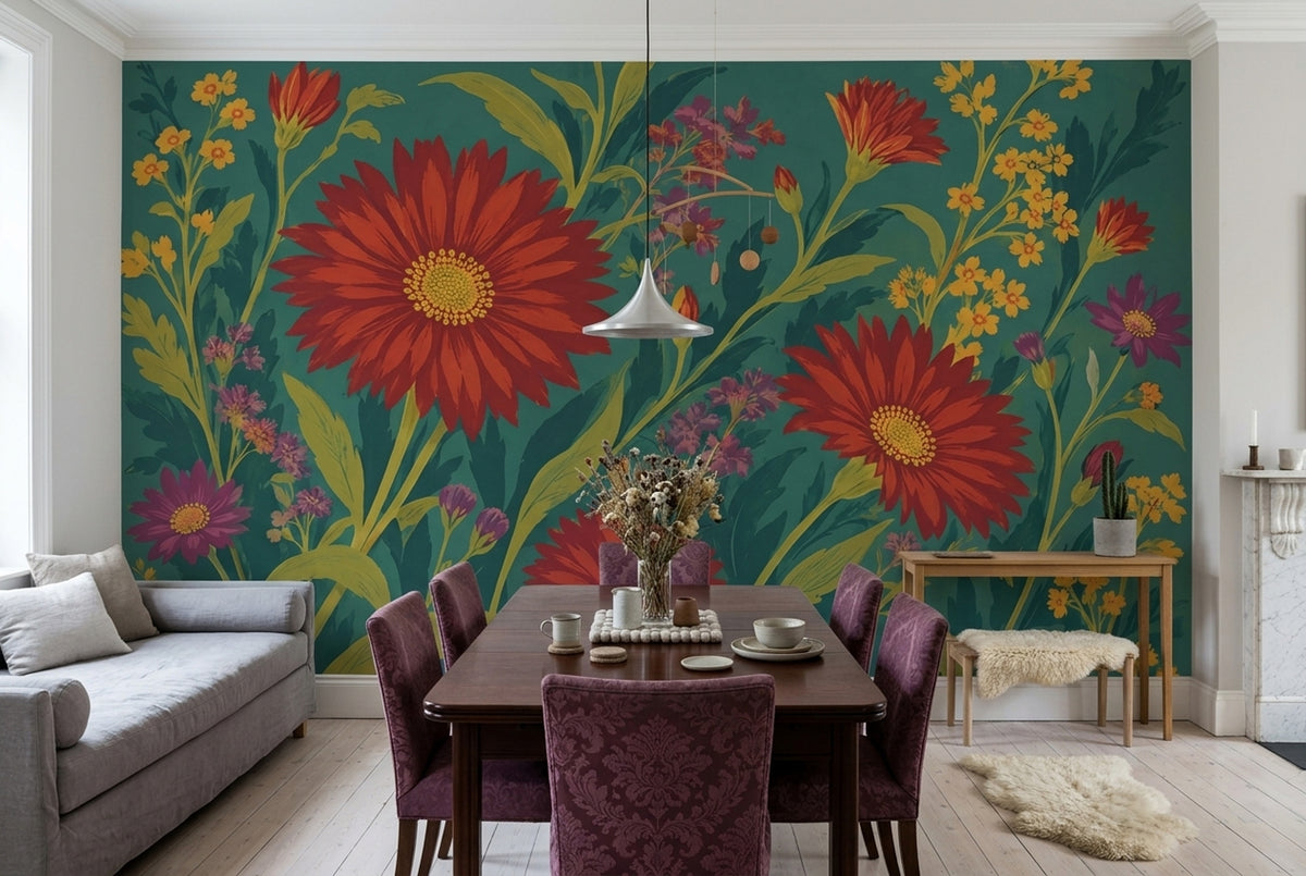 Red Gerbera Floral Wallpaper Dark Botanical Wall Mural