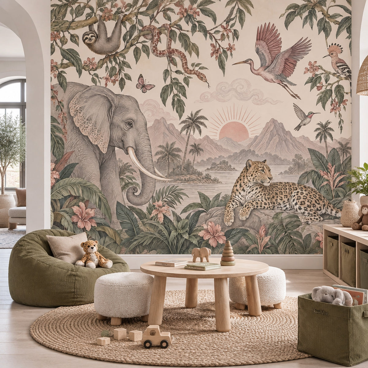 Tropical Jungle Animals Wallpaper Vintage Landscape Wall Mural