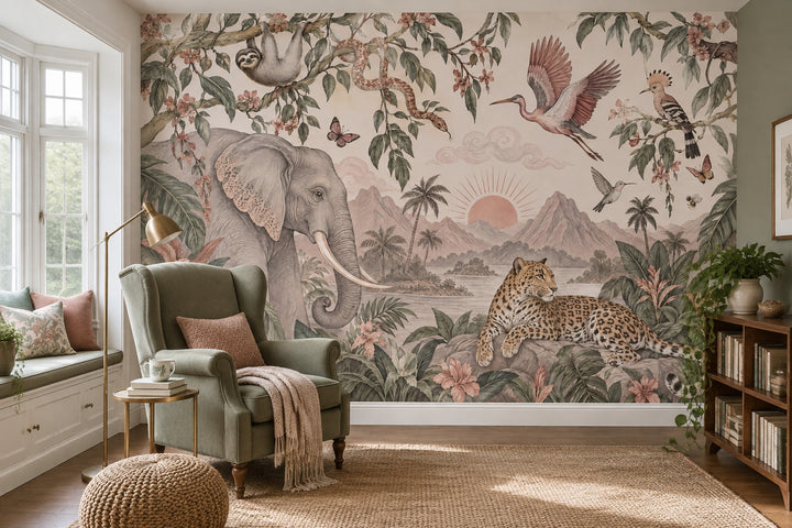Tropical Jungle Animals Wallpaper Vintage Landscape Wall Mural