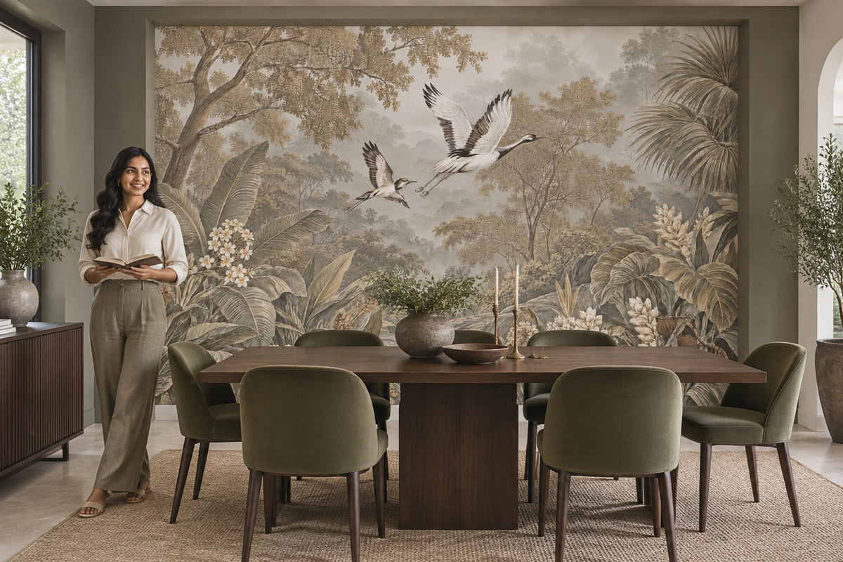Tropical Crane Landscape Wallpaper Misty Forest Wall Mural