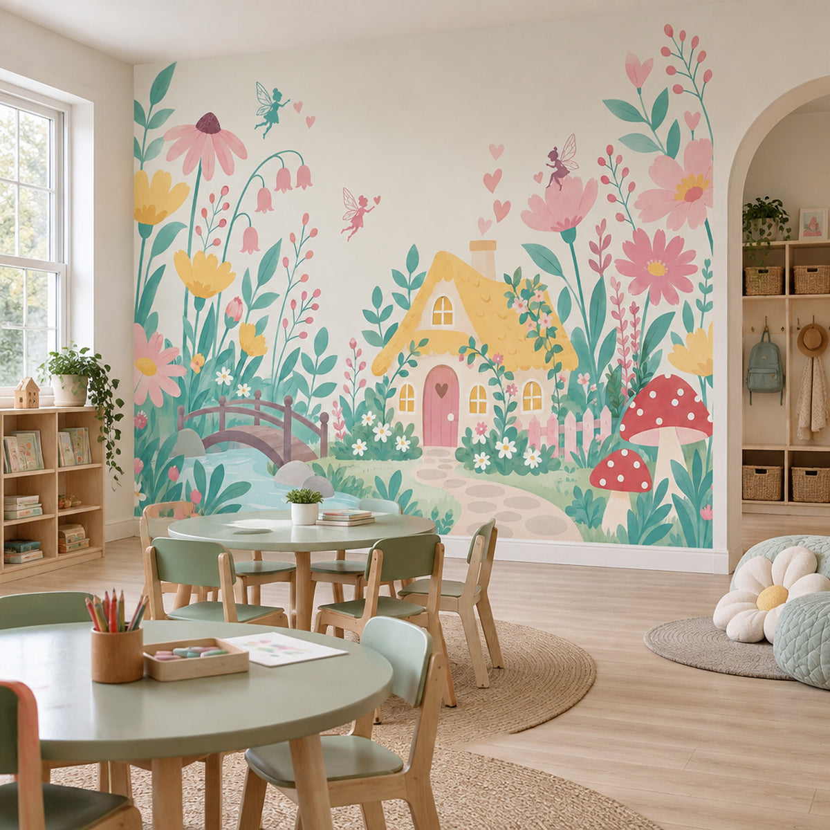 Fairy Garden Cottage Wallpaper Pastel Floral Wall Mural