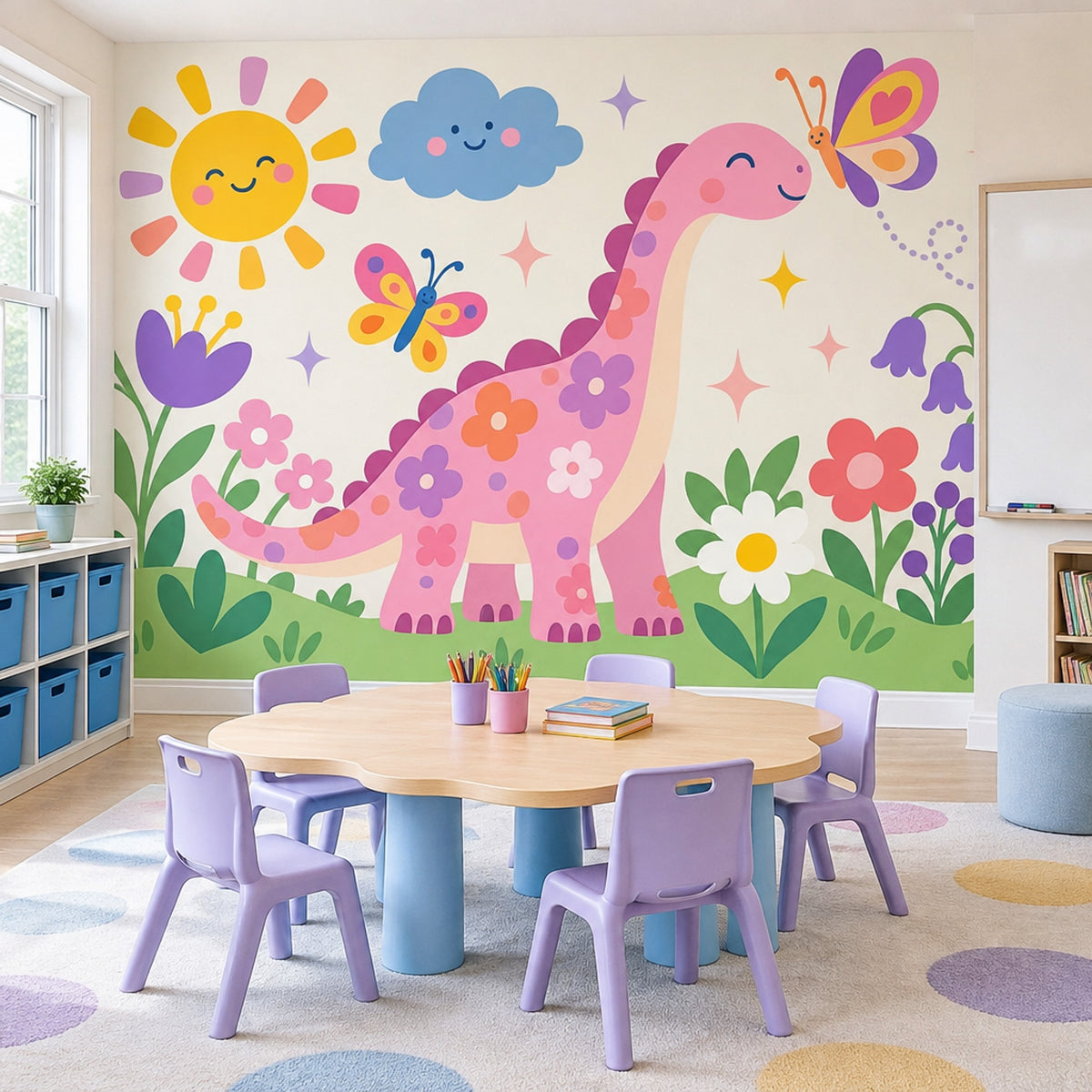 Pink Dinosaur Wallpaper Pastel Cartoon Garden Wall Mural