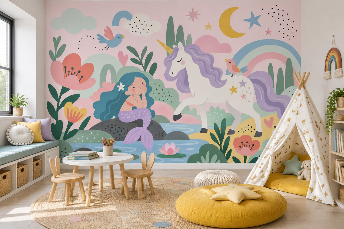 Unicorn Mermaid Rainbow Wallpaper Pastel Fantasy Wall Mural