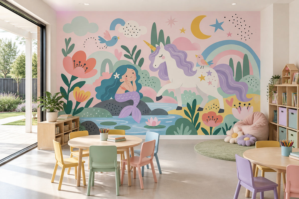 Unicorn Mermaid Rainbow Wallpaper Pastel Fantasy Wall Mural