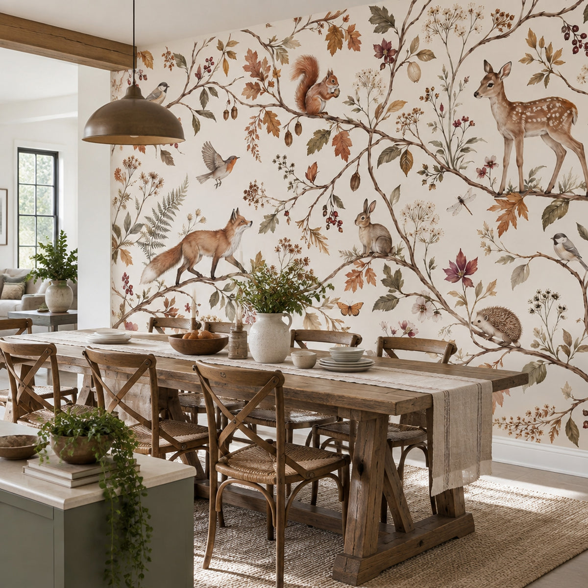 Woodland Animals Wallpaper Muted Green Botanical Wall Mural