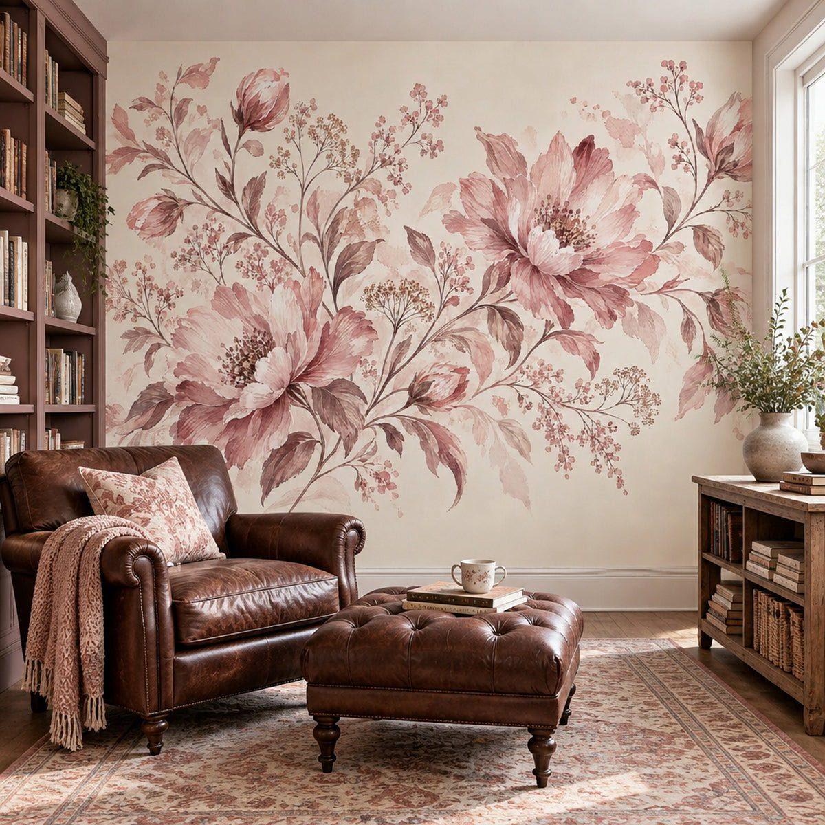Watercolor Peony Blossoms Wallpaper Cream Botanical Wall Mural