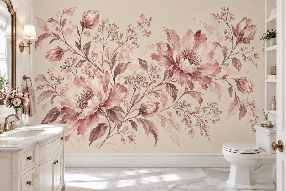 Watercolor Peony Blossoms Wallpaper Cream Botanical Wall Mural