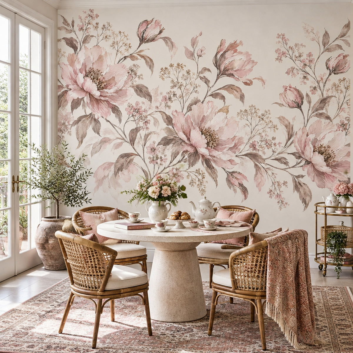 Blush Pink Peonies Wallpaper Watercolor Botanical Wall Mural