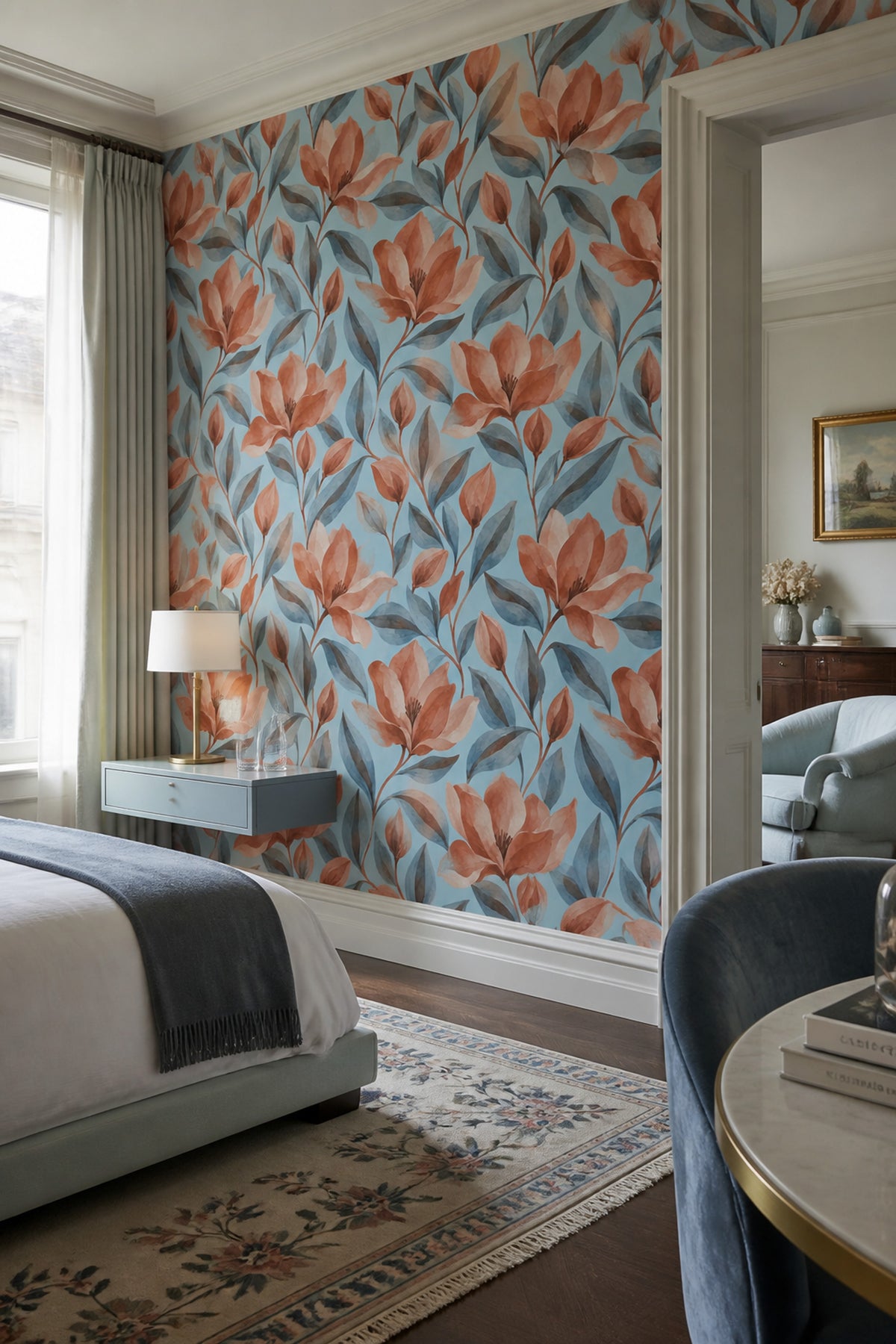 Coral Flowers Wallpaper Watercolor Botanical On Light Blue