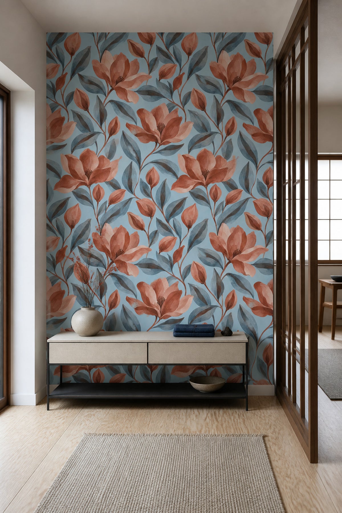 Coral Flowers Wallpaper Watercolor Botanical On Light Blue