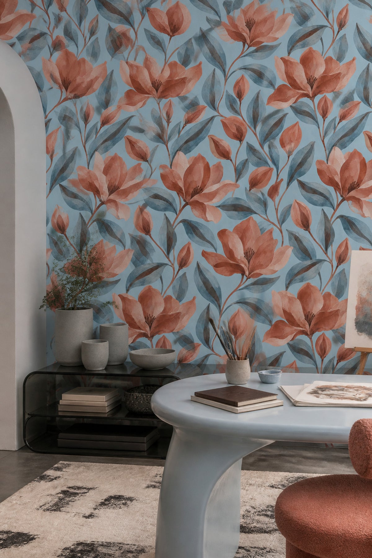 Coral Flowers Wallpaper Watercolor Botanical On Light Blue