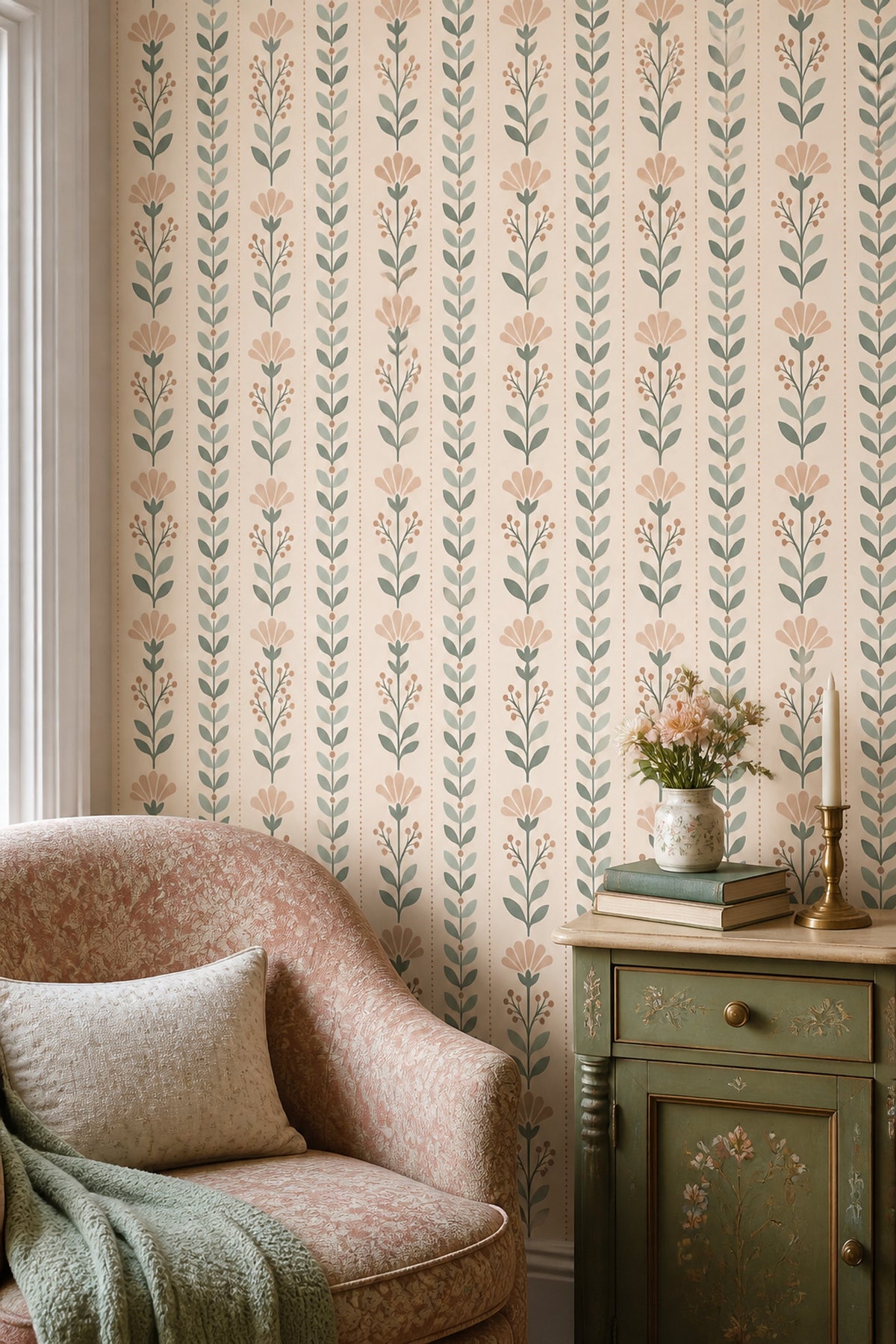 Botanical Stem Wallpaper Muted Green Retro Floral