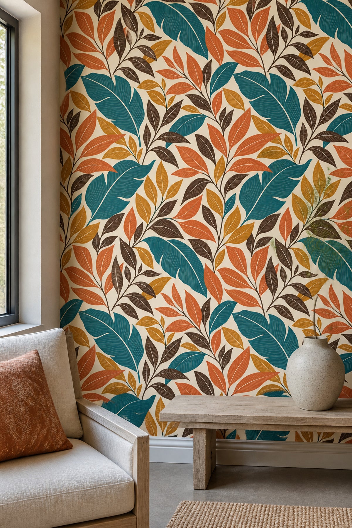 Tropical Leaf Wallpaper Teal And Orange Foliage On Cream