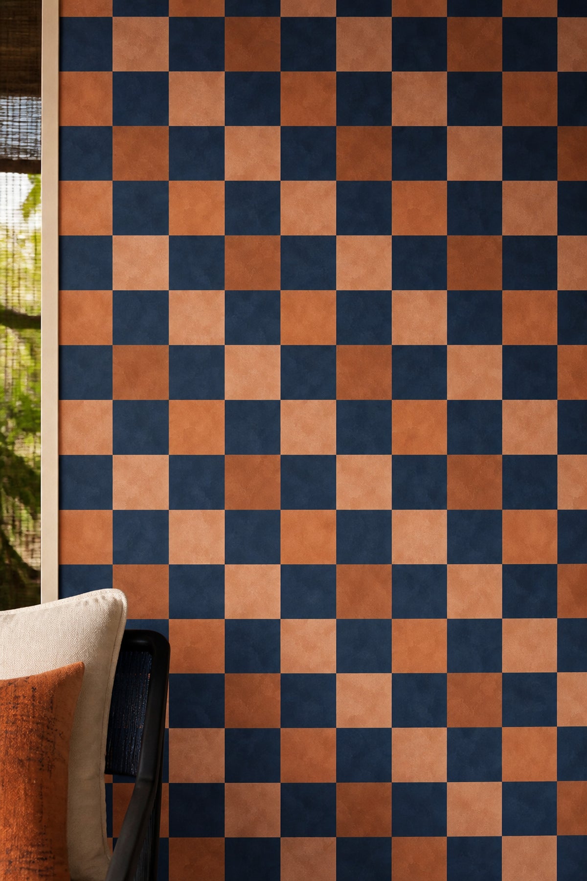 Checkerboard Wallpaper Navy And Terracotta Distressed Texture