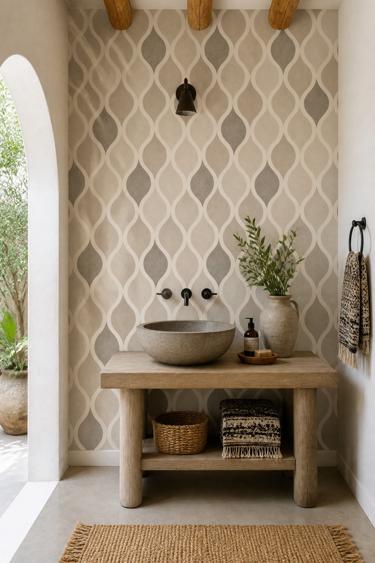 Wavy Lines Wallpaper Neutral Beige Ogee Trellis